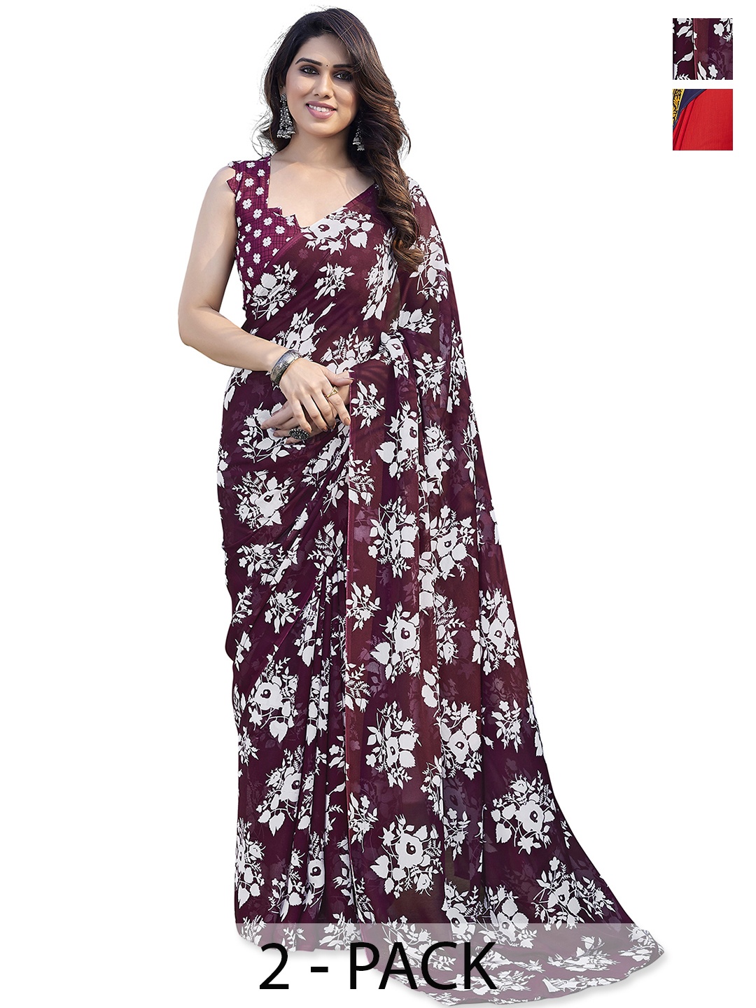 

ANAND SAREES Floral Poly Georgette Saree, Red