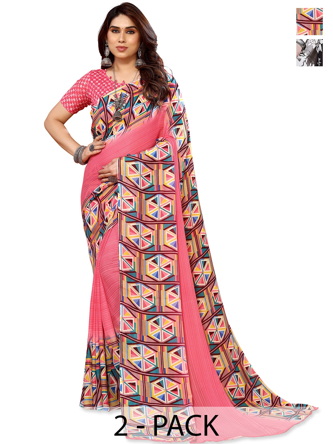 

ANAND SAREES Pack of 2 Floral Saree, Pink