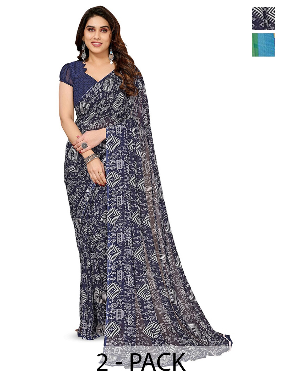 

ANAND SAREES Selection Of 2 Warli Printed Saree, Blue