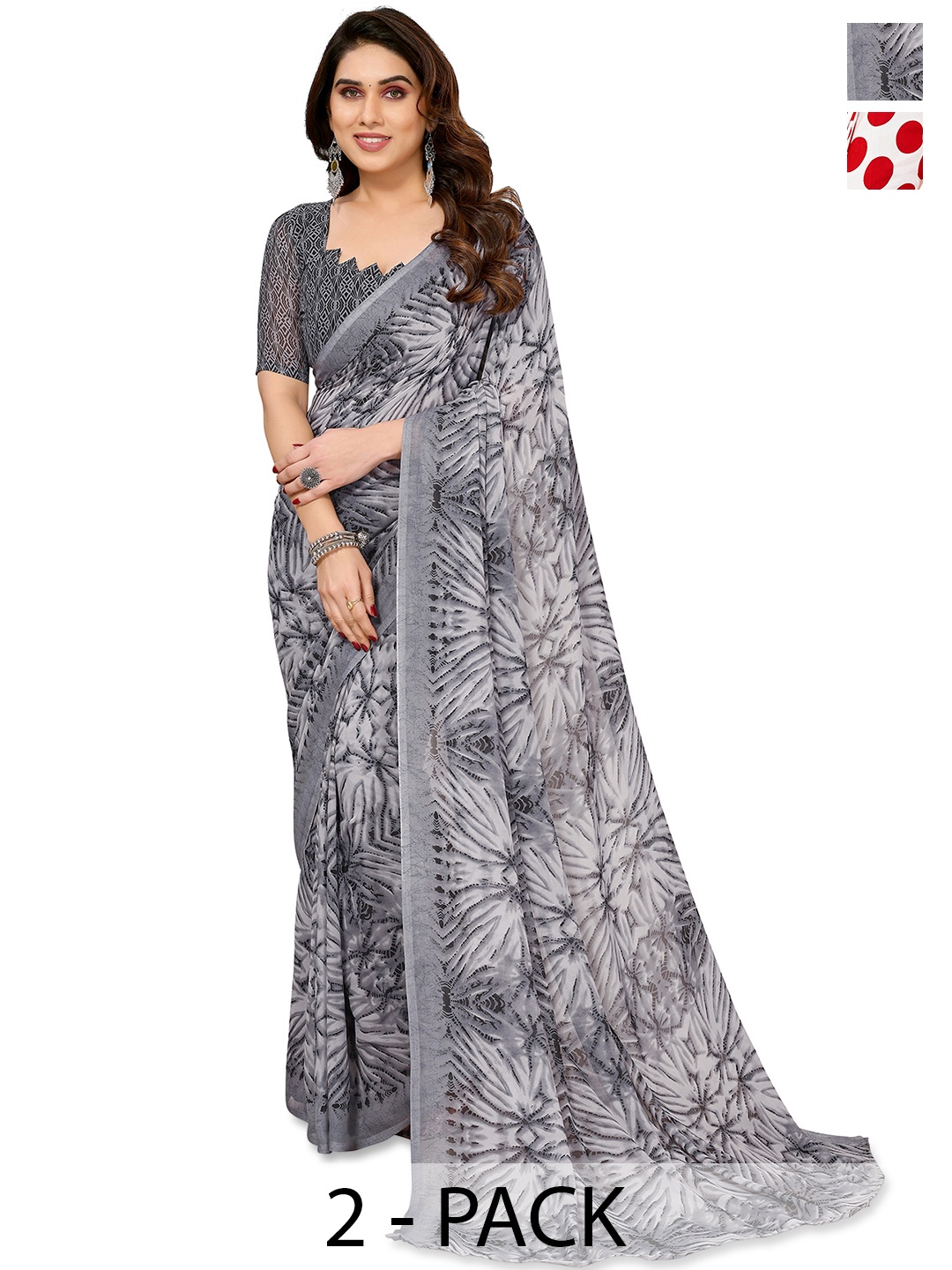 

ANAND SAREES Pack of 2 Polka Dots Saree, Grey