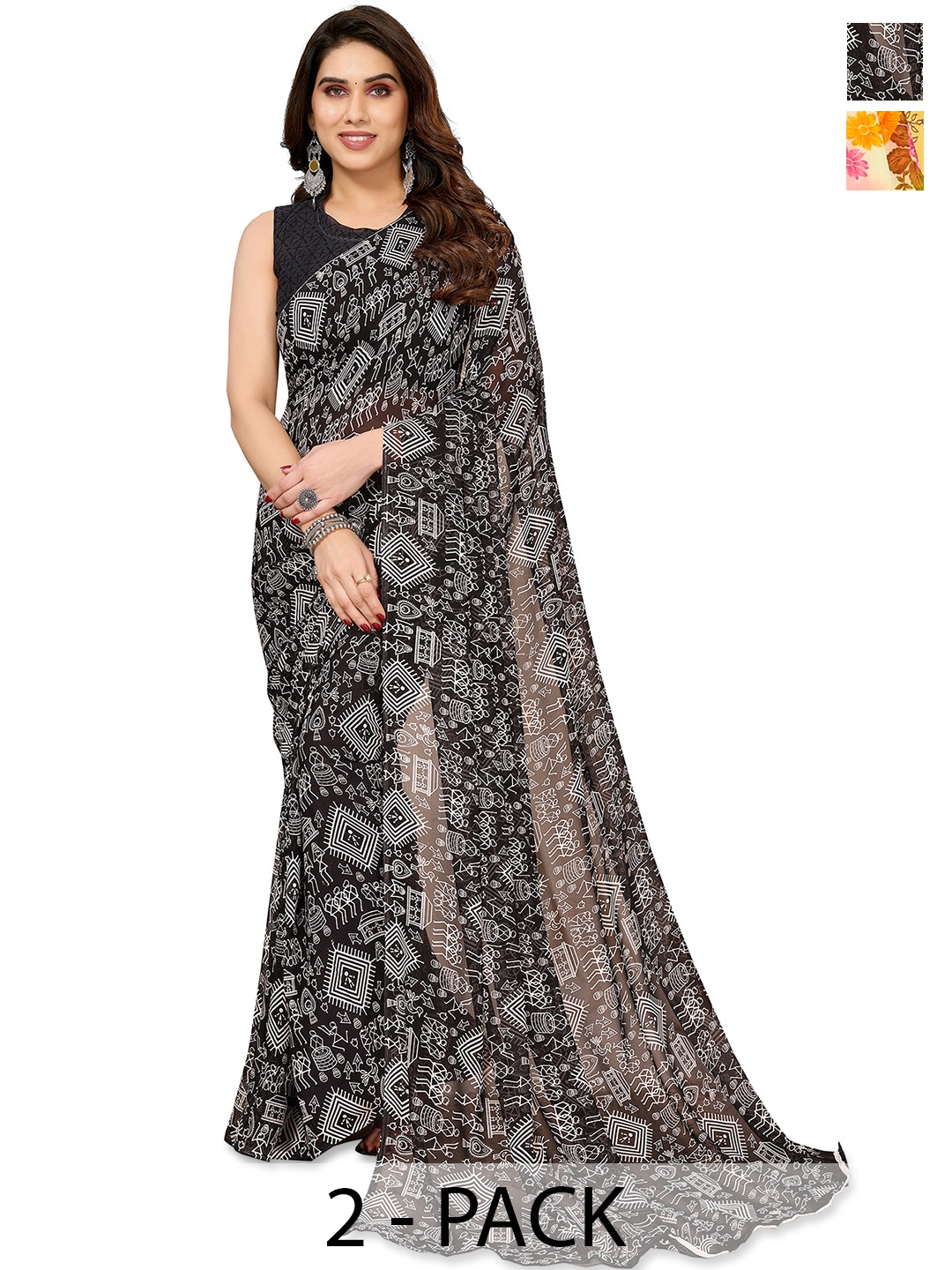 

ANAND SAREES Pack of 2 Warli Saree, Black