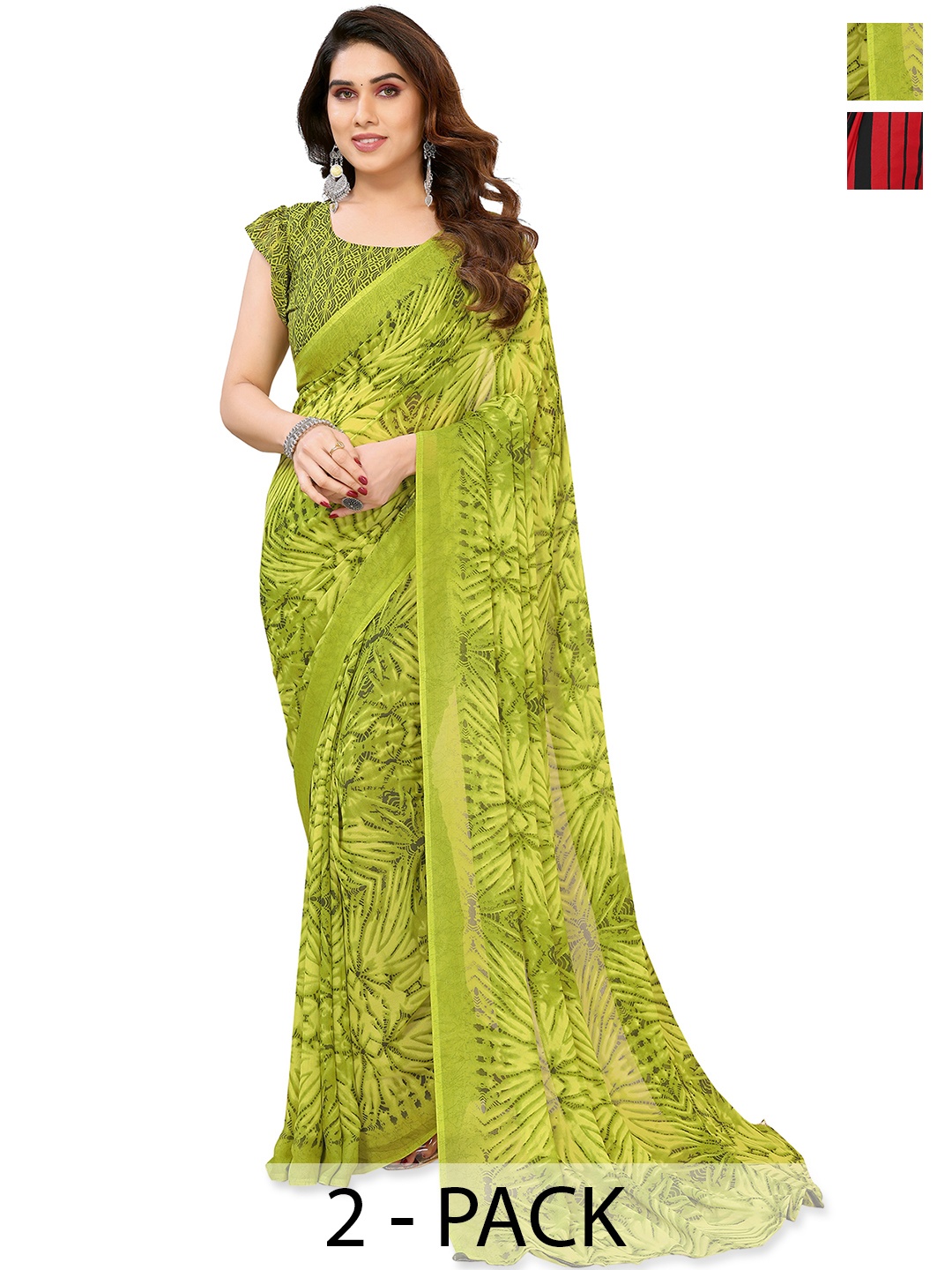 

ANAND SAREES Pack of 2 Polka Dot Saree, Green