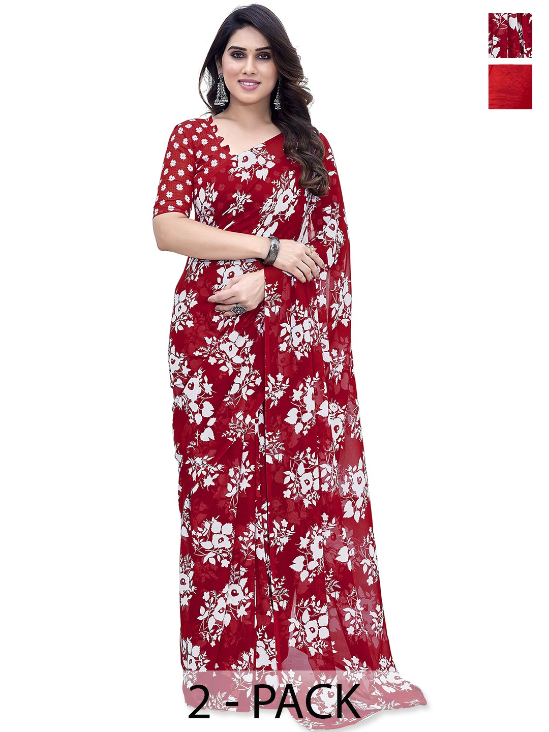 

ANAND SAREES Pack of 2 Floral Saree, Red