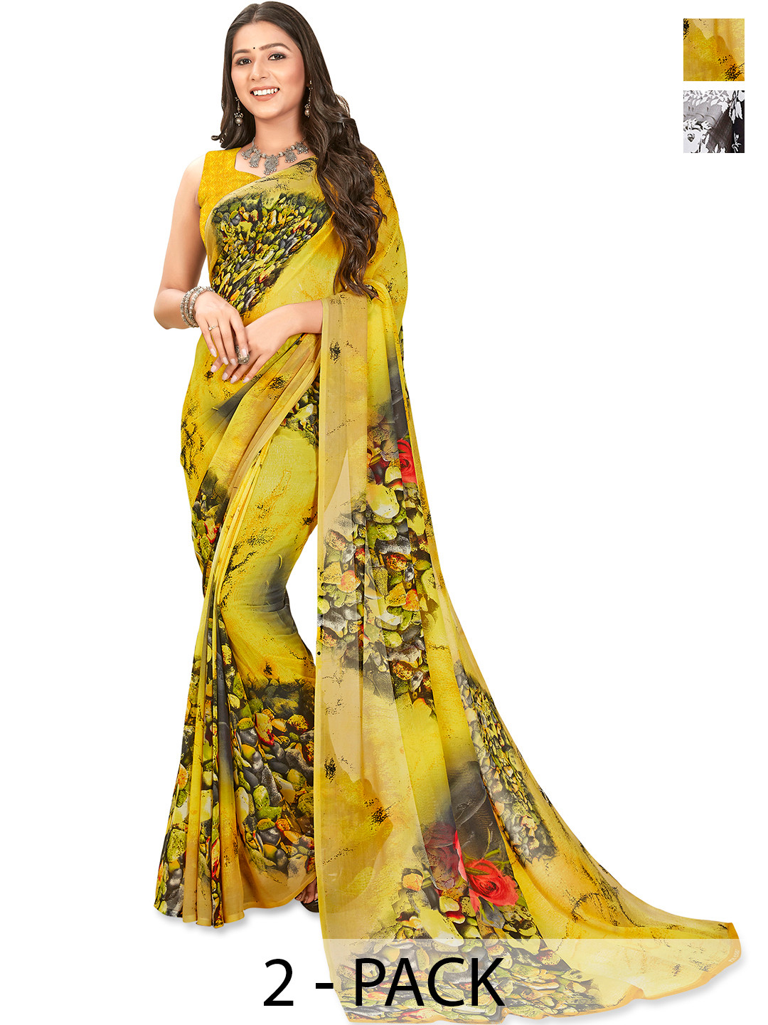 

ANAND SAREES Pack of 2 Floral Saree, Green