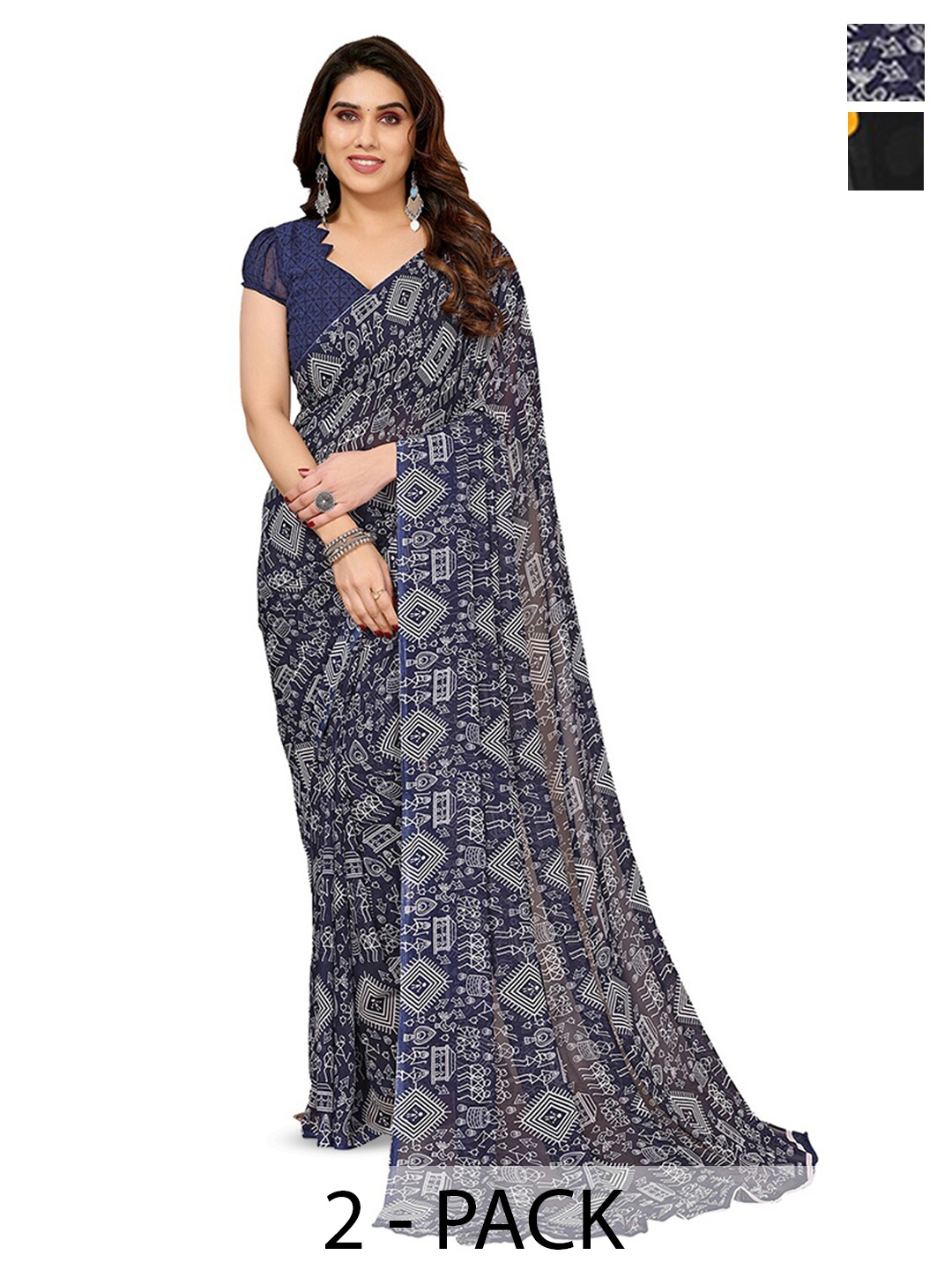 

ANAND SAREES Selection Of 2 Warli Printed Saree, Navy blue