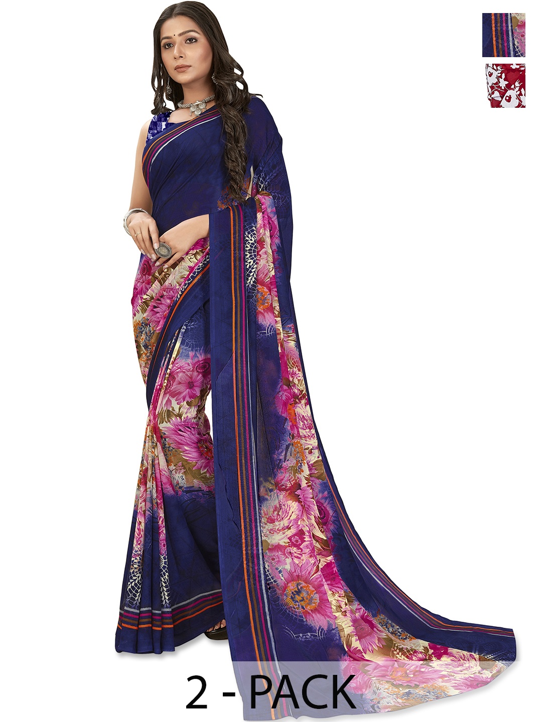 

ANAND SAREES Pack of 2 Floral Saree, Blue