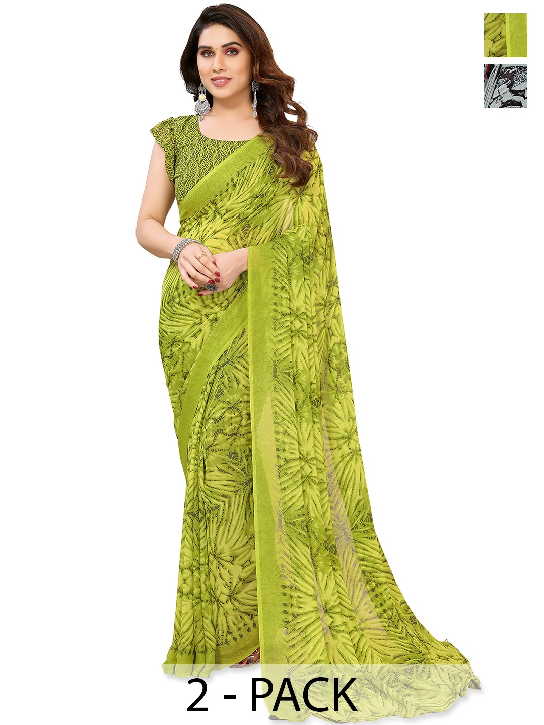 

ANAND SAREES Pack of 2 Floral Saree, Green
