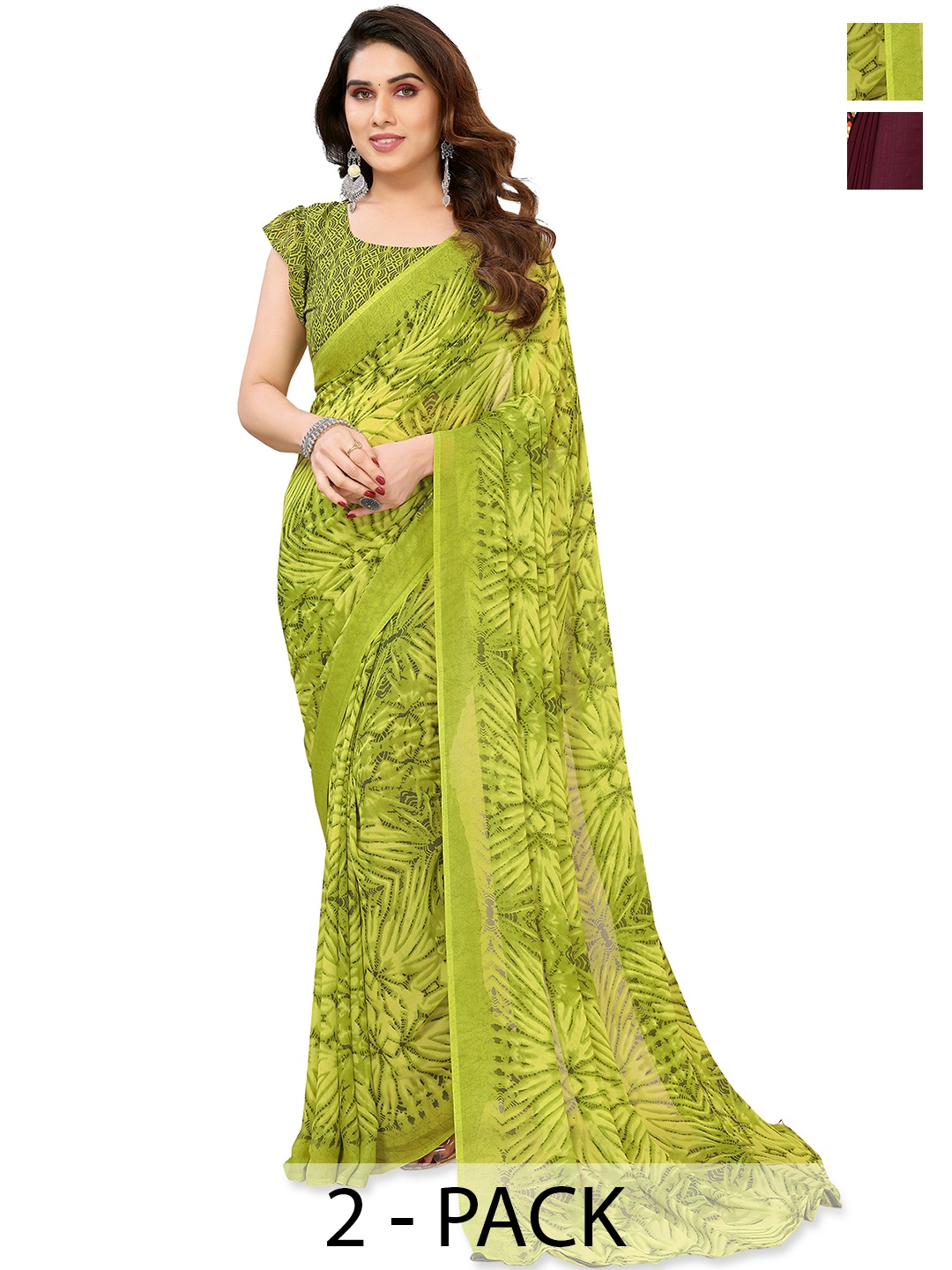 

ANAND SAREES Pack of 2 Floral Saree, Green