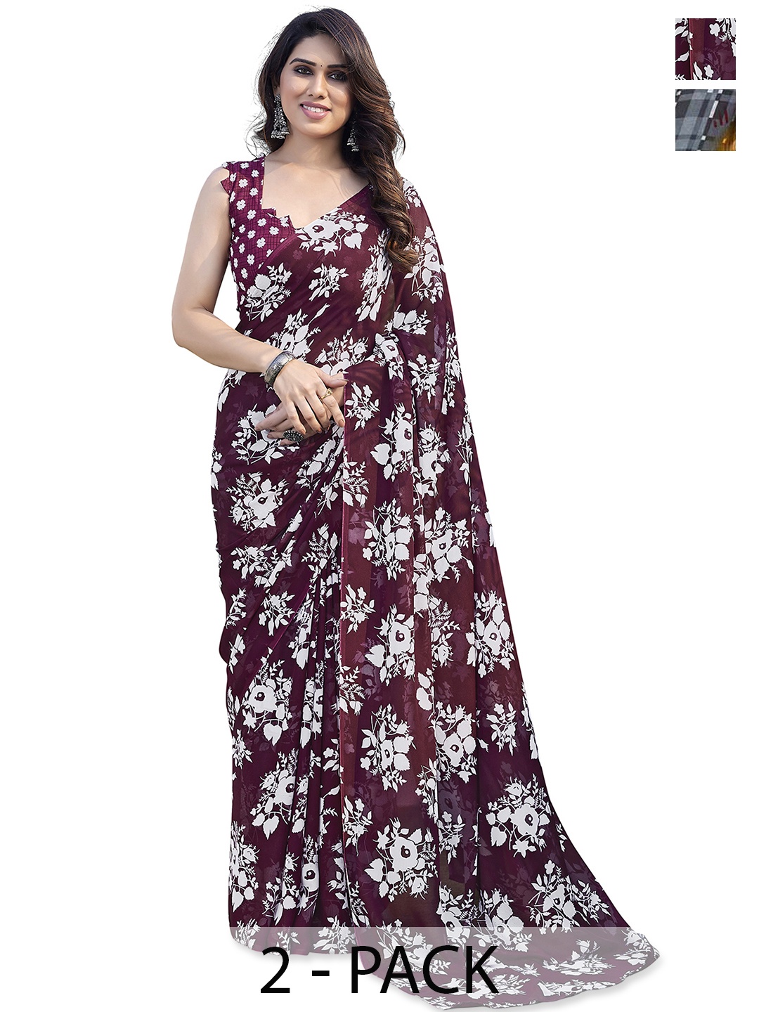 

ANAND SAREES Pack of 2 Floral Saree, Burgundy