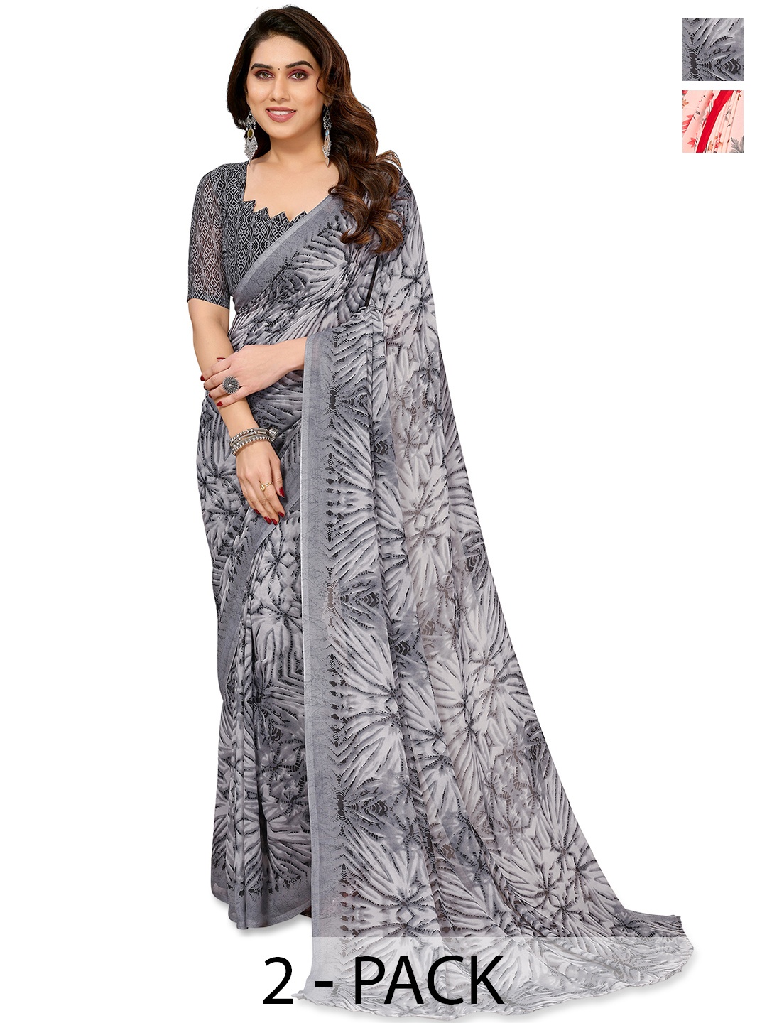 

ANAND SAREES Pack of 2 Floral Saree, Grey