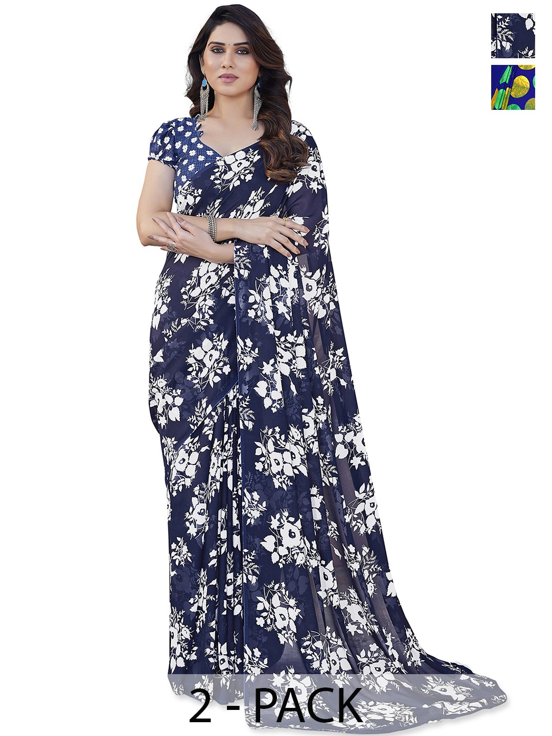 

ANAND SAREES Pack of 2 Floral Saree, Navy blue