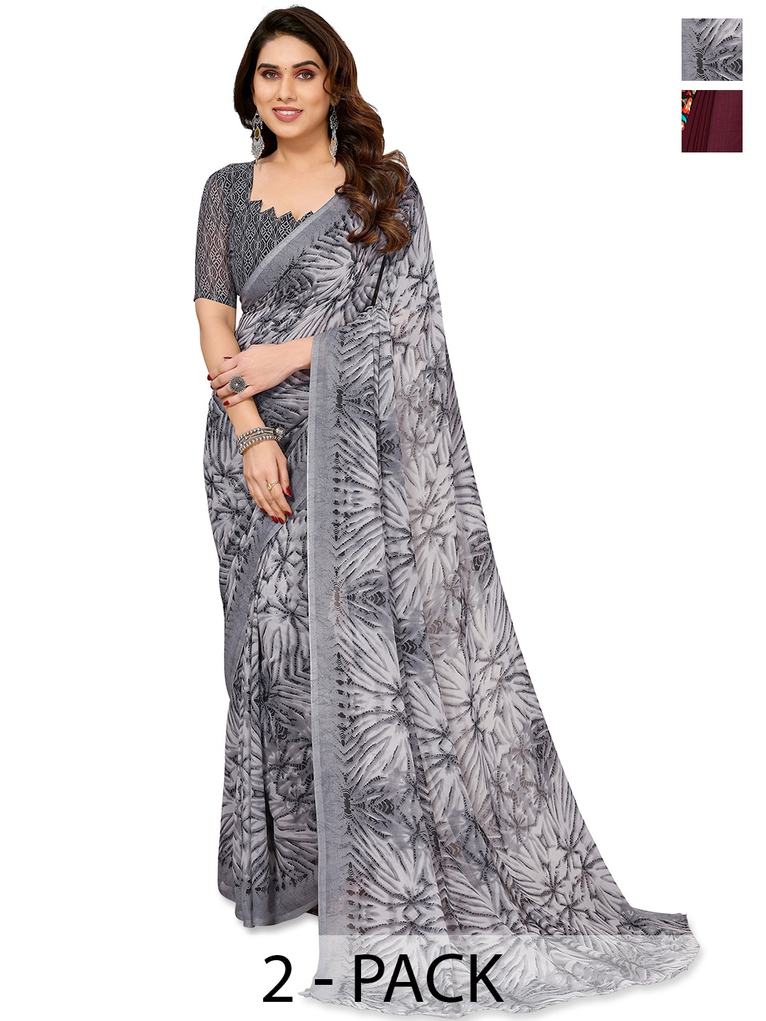 

ANAND SAREES Pack of 2 Floral Saree, Grey