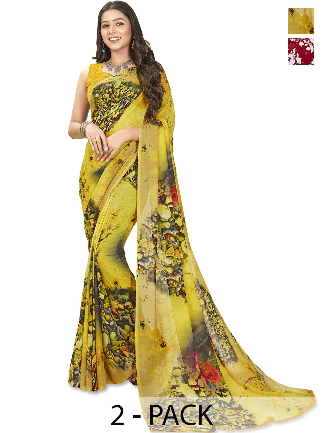 

ANAND SAREES Pack of 2 Floral Saree, Green