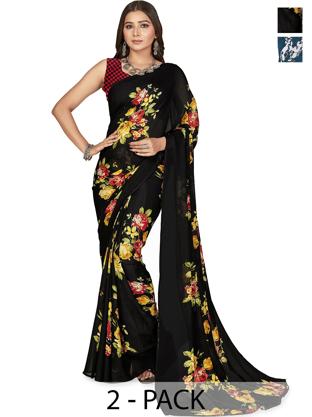 

ANAND SAREES Pack of 2 Floral Saree, Teal