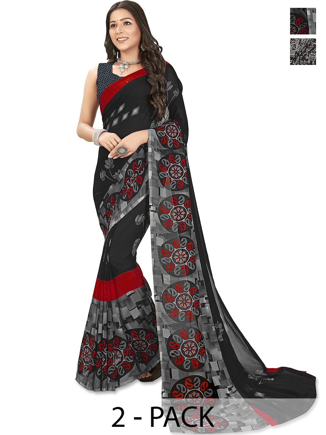 

ANAND SAREES Ethnic Motifs Pack of 2 Saree, Black