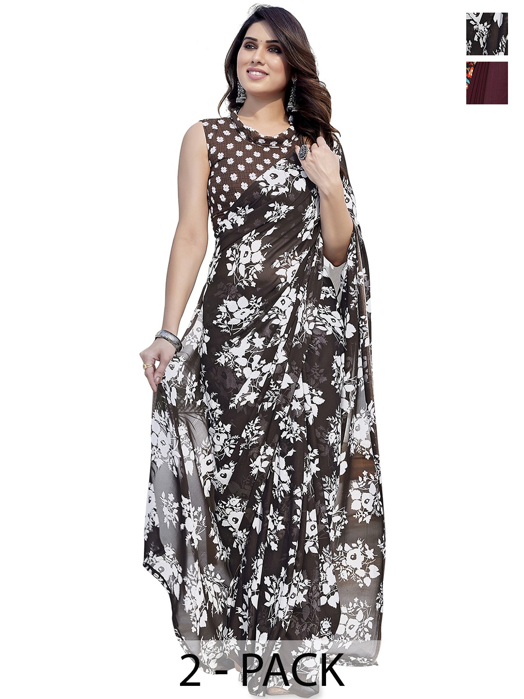 

ANAND SAREES Pack of 2 Floral Saree, Brown
