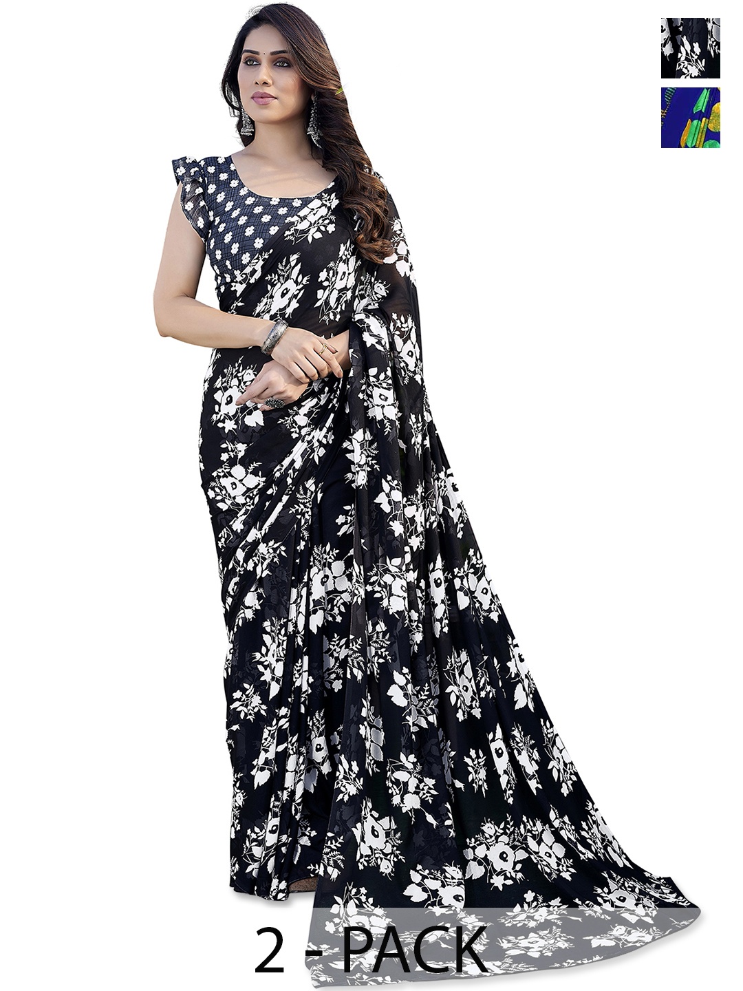 ANAND SAREES Floral Saree Pack of 2, Black