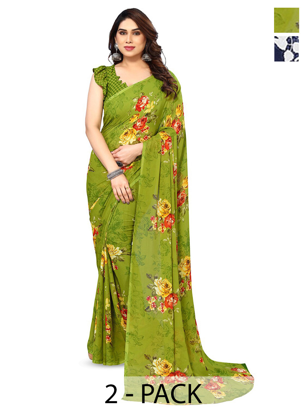 

ANAND SAREES Selection Of 2 Floral Printed Saree, Green