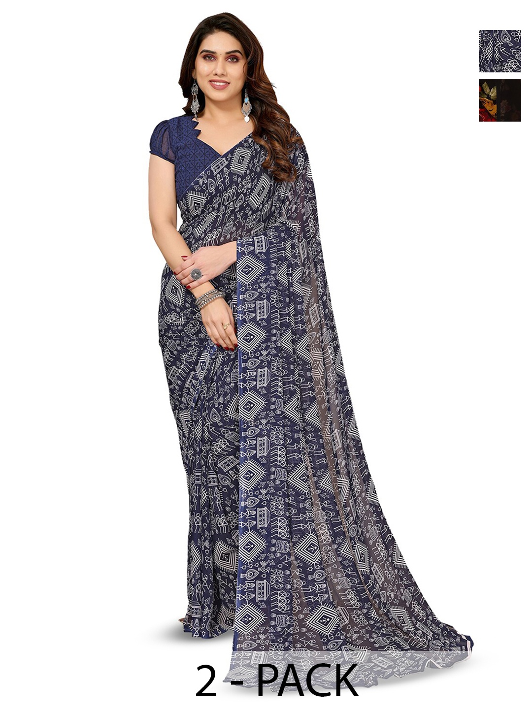 

ANAND SAREES Selection of 2 Floral Printed Saree, Black