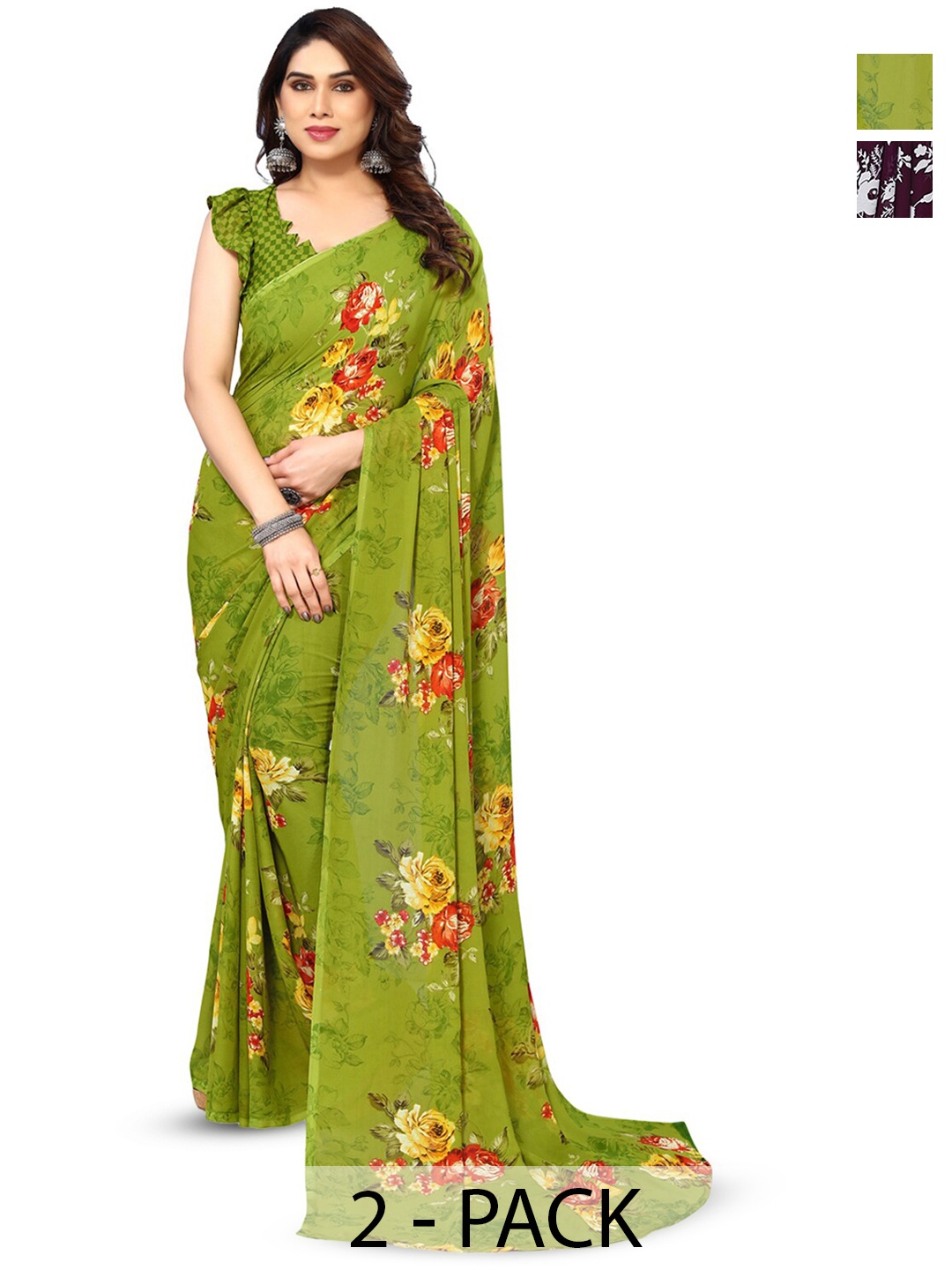 

ANAND SAREES Selection Of 2 Floral Printed Saree, Burgundy
