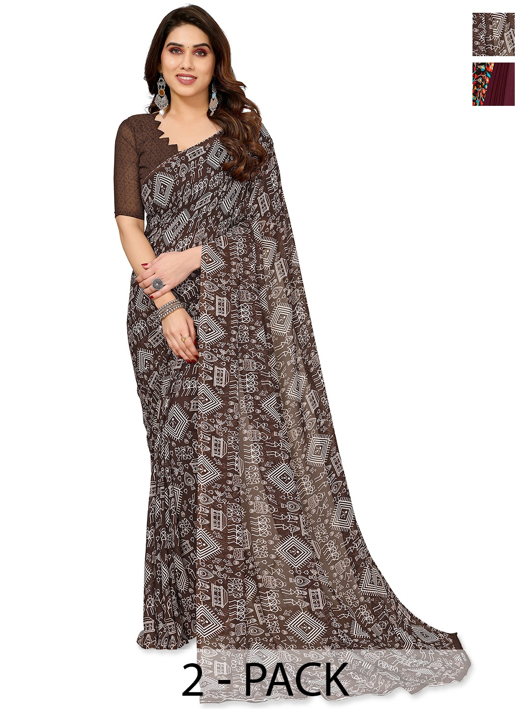 

ANAND SAREES Ethnic Motifs Saree Pack of 2, Brown