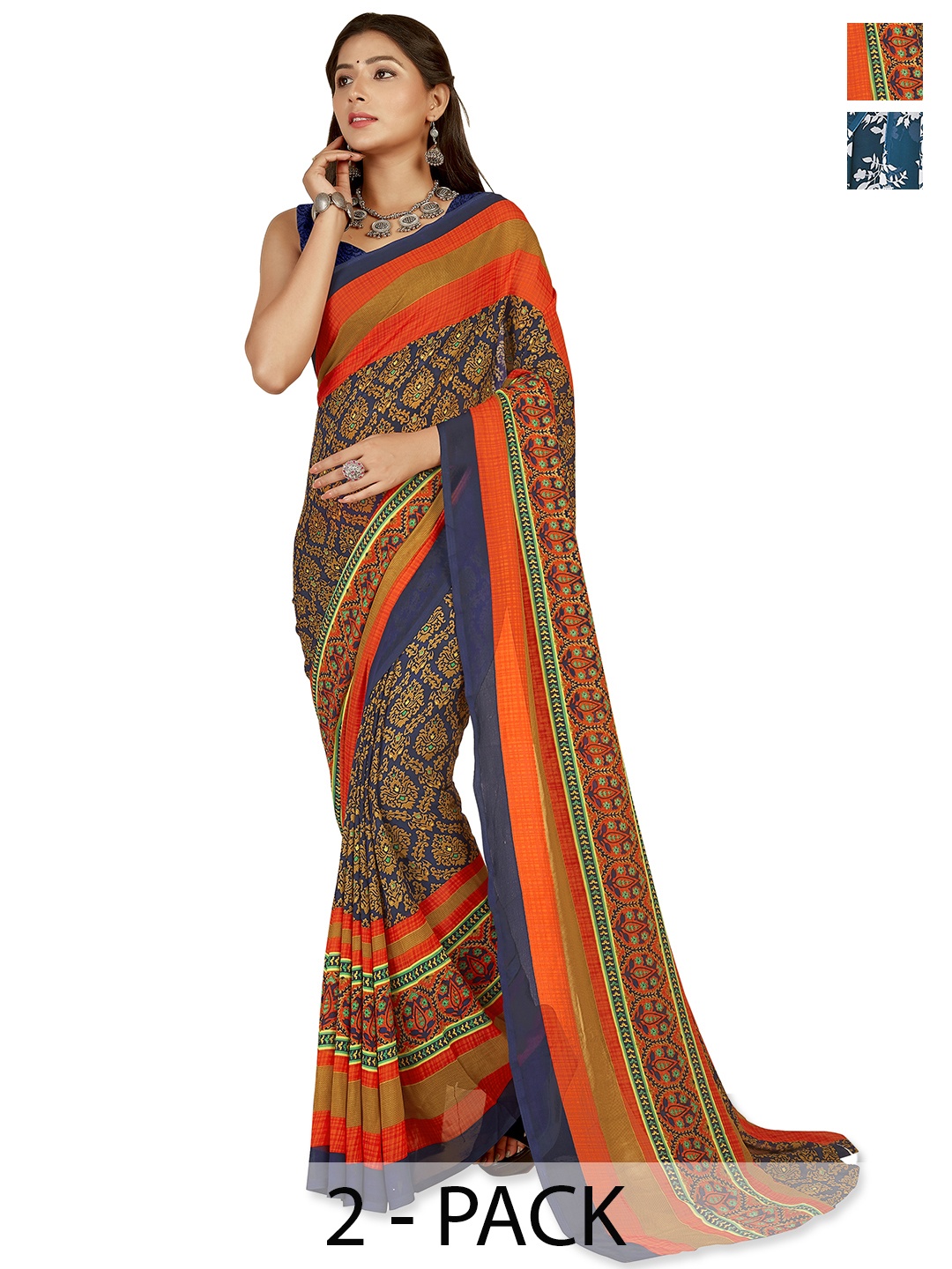 

ANAND SAREES Floral Saree Pack of 2, Navy blue