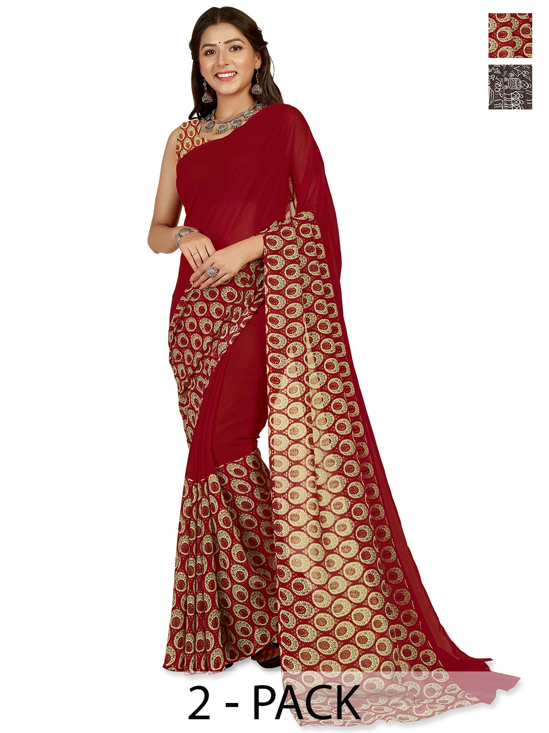 

ANAND SAREES Ethnic Motifs Saree Pack of 2, Brown