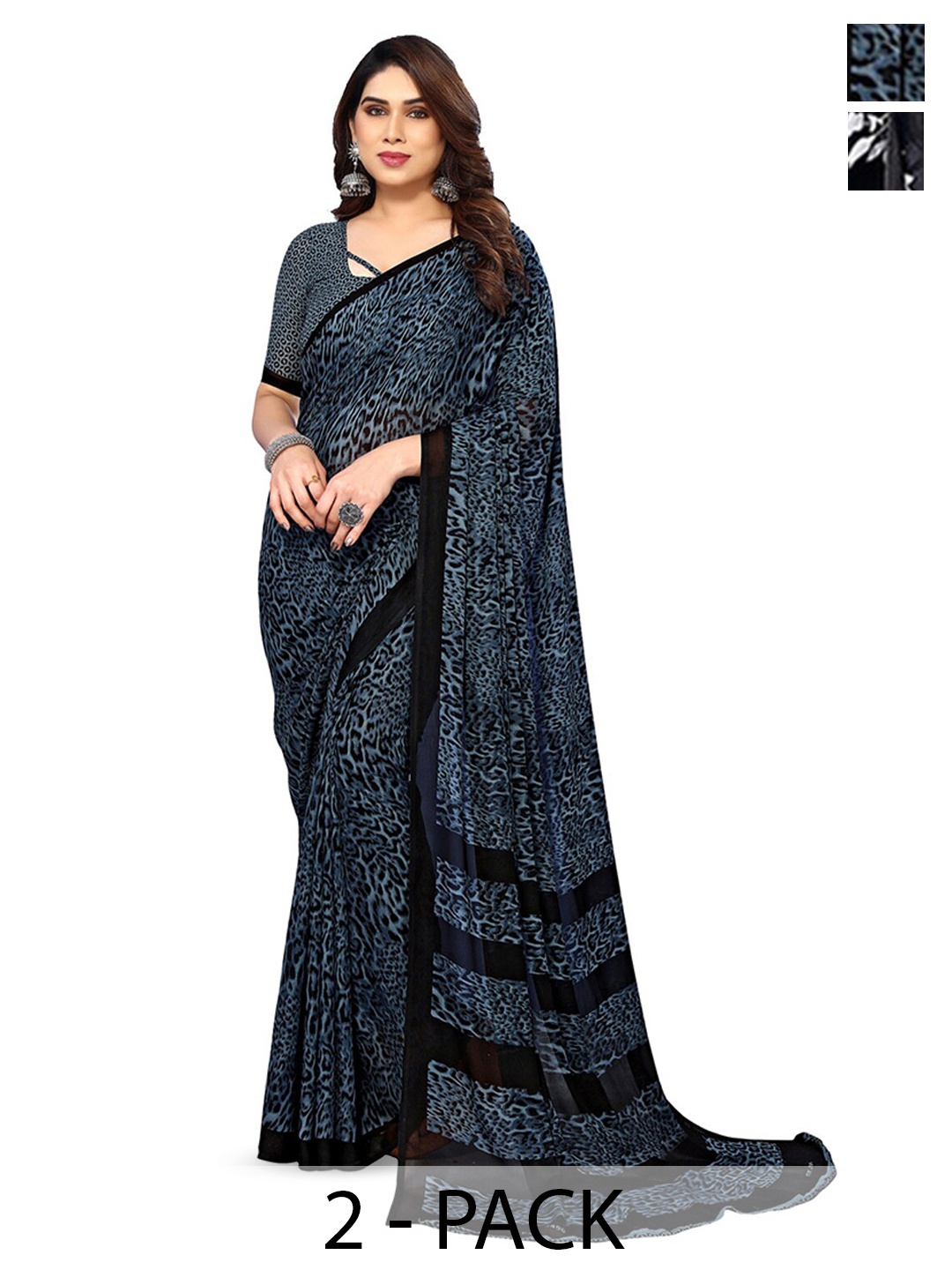 

ANAND SAREES Selection Of 2 Floral Printed Saree, Navy blue