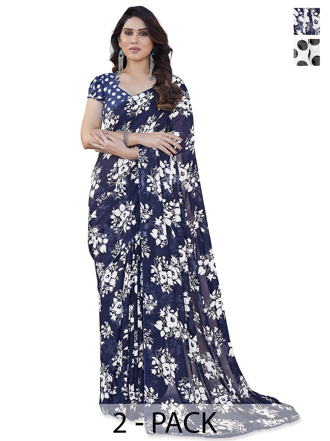 

ANAND SAREES Polka Dot Saree Pack of 2, White