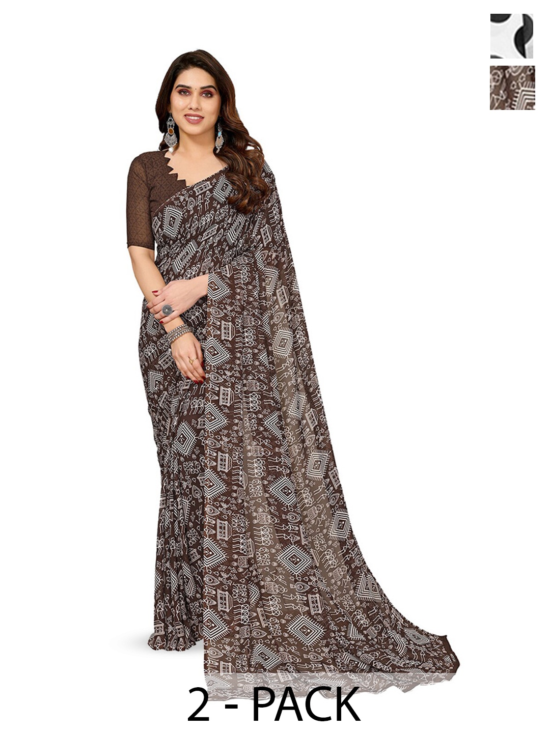 

ANAND SAREES Selection of 2 Warli Printed Saree, Brown