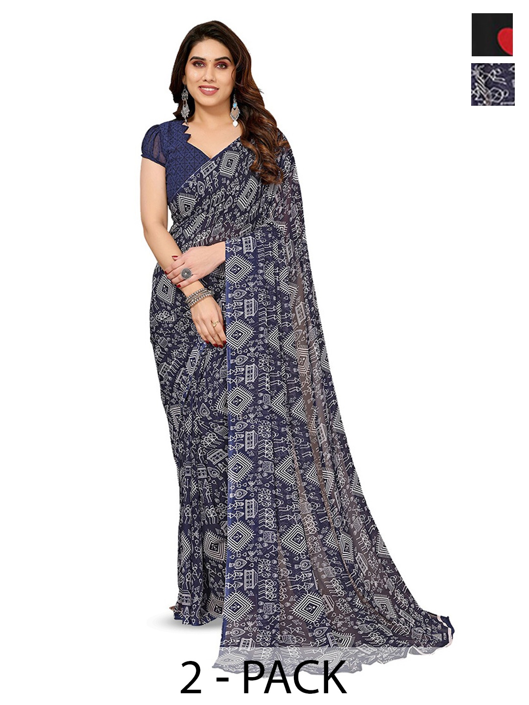 

ANAND SAREES Selection of 2 Warli Printed Saree, Navy blue