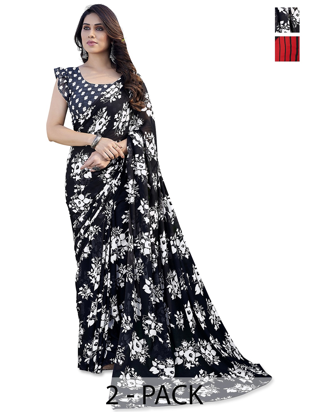 ANAND SAREES Floral Saree Pack of 2, Black