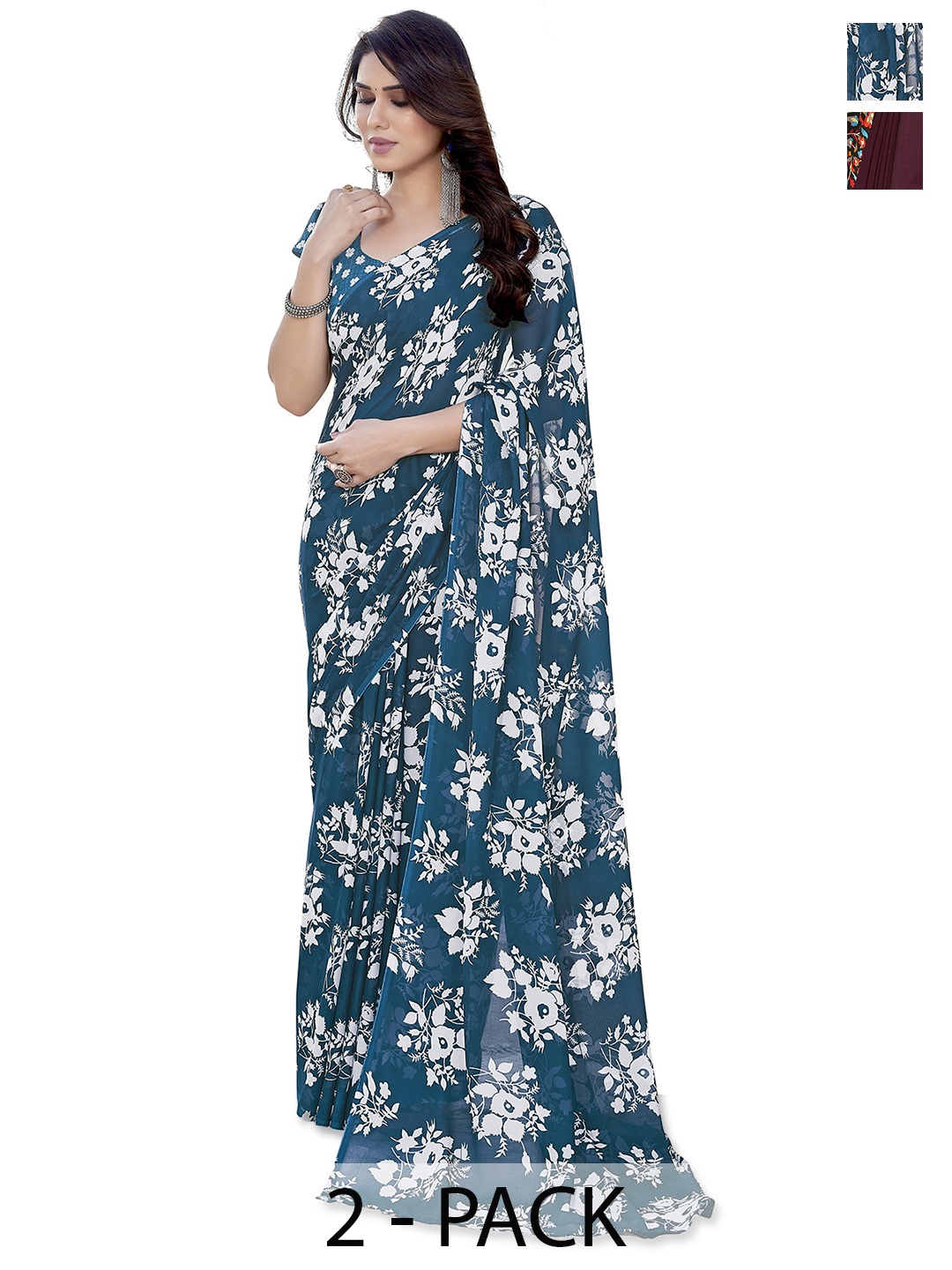 

ANAND SAREES Floral Saree Pack of 2, Teal