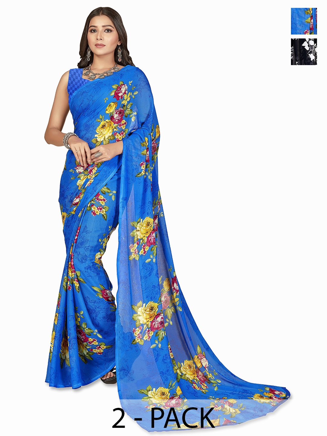 

ANAND SAREES Floral Poly Georgette Saree, Blue