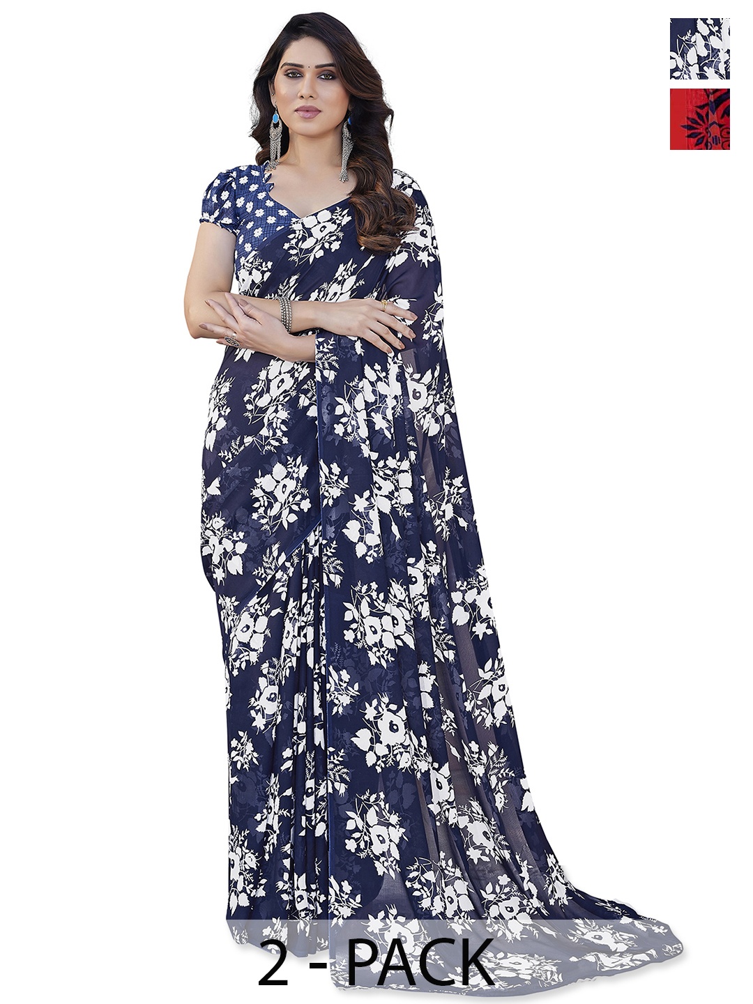 

ANAND SAREES Floral Saree Pack of 2, Navy blue