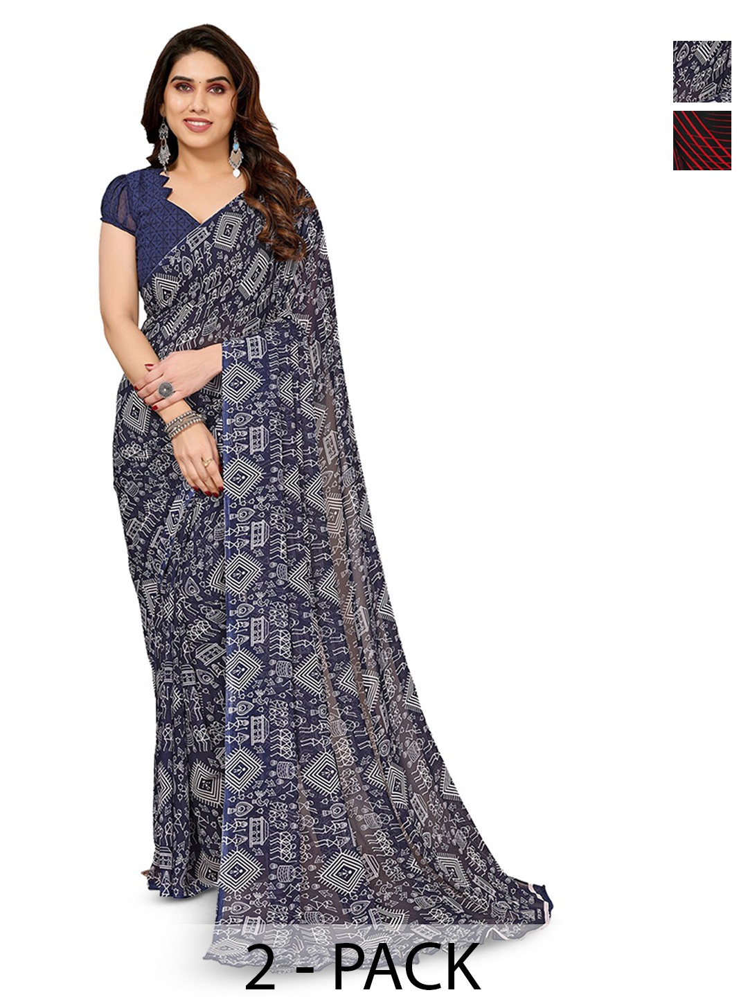 

ANAND SAREES Selection of 2 Warli Printed Saree, Navy blue