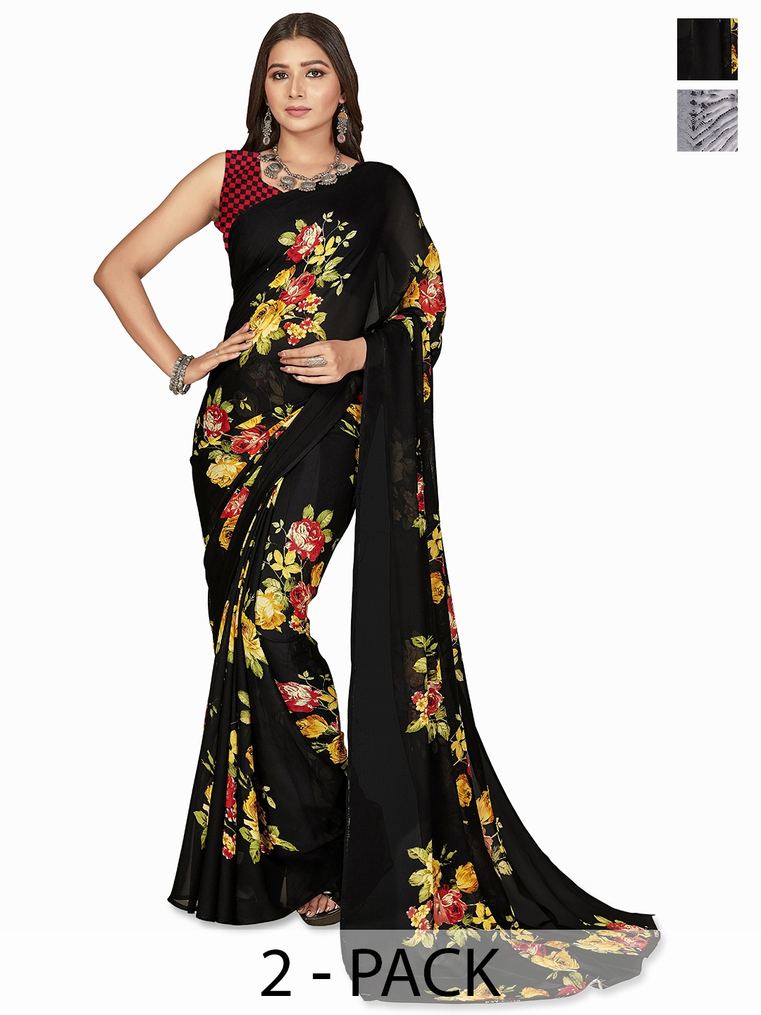 

ANAND SAREES Floral Saree Pack of 2, Black
