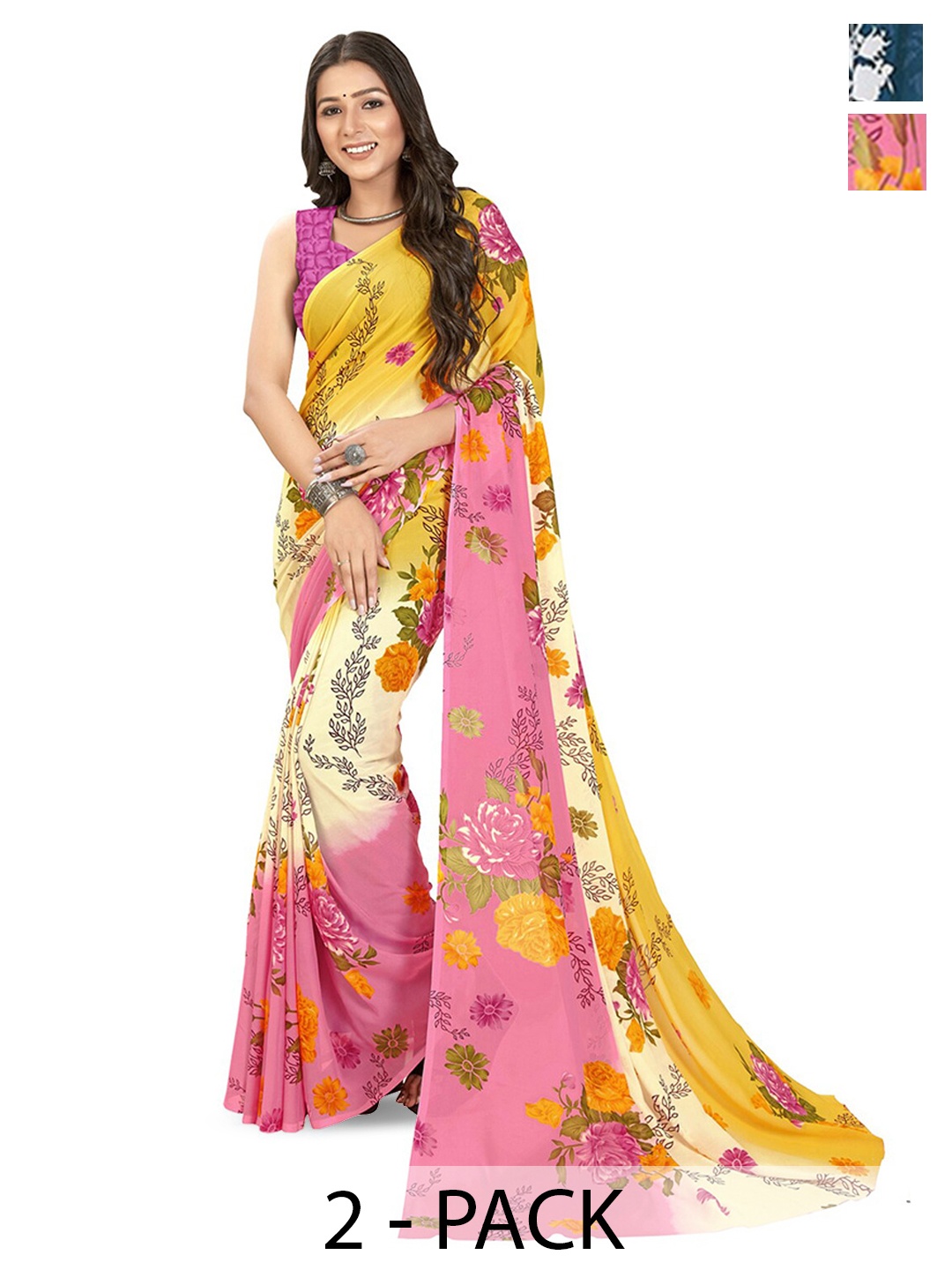 

ANAND SAREES Selection of 2 Floral Printed Saree, White