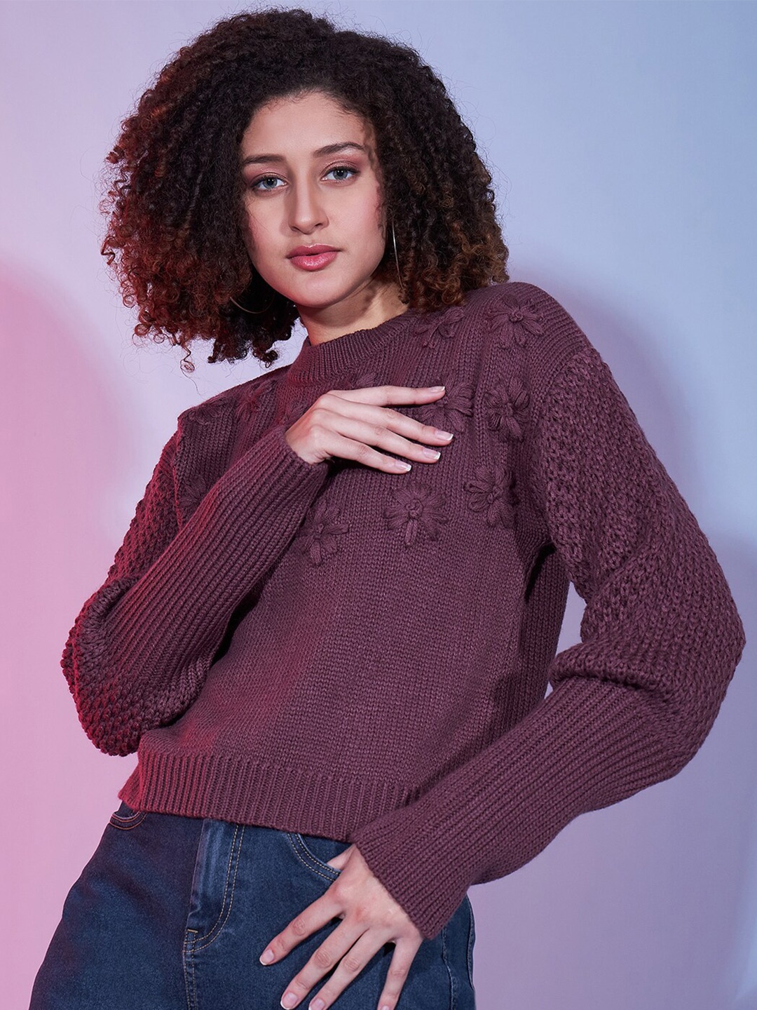 

DressBerry Mauve Floral Self Design Acrylic Pullover
