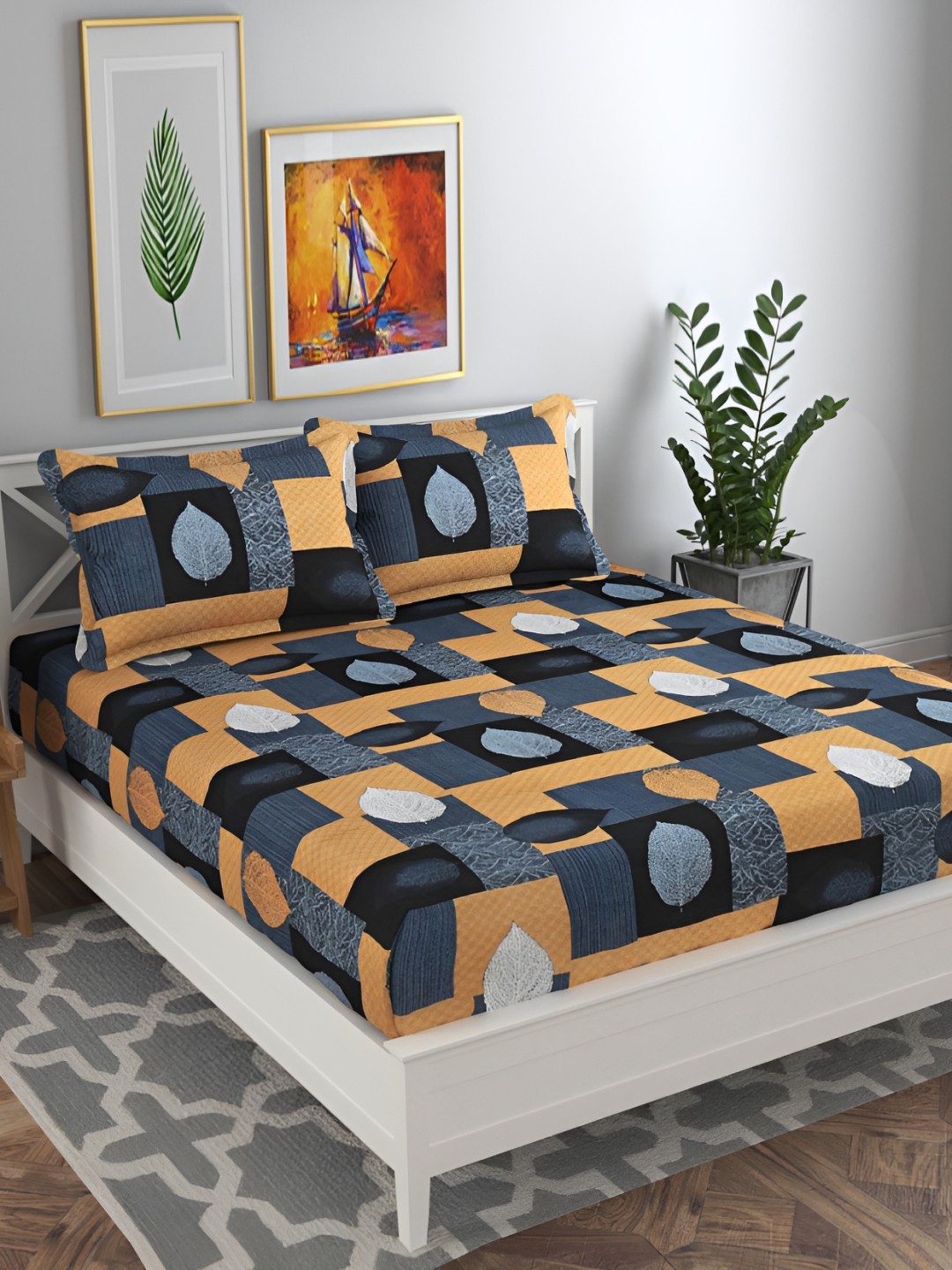 

bsb home Grey & Yellow Geometric Printed 144 TC Queen Bedsheet with 2 Pillow Covers