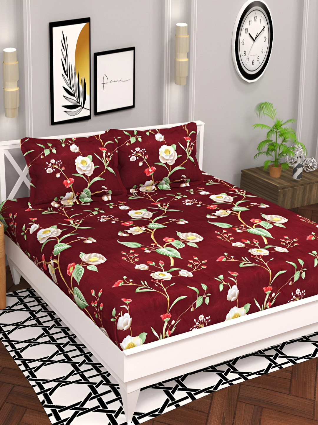 

bsb home Maroon & Green Floral Printed 120 TC Queen Bedsheet with 2 Pillow Covers