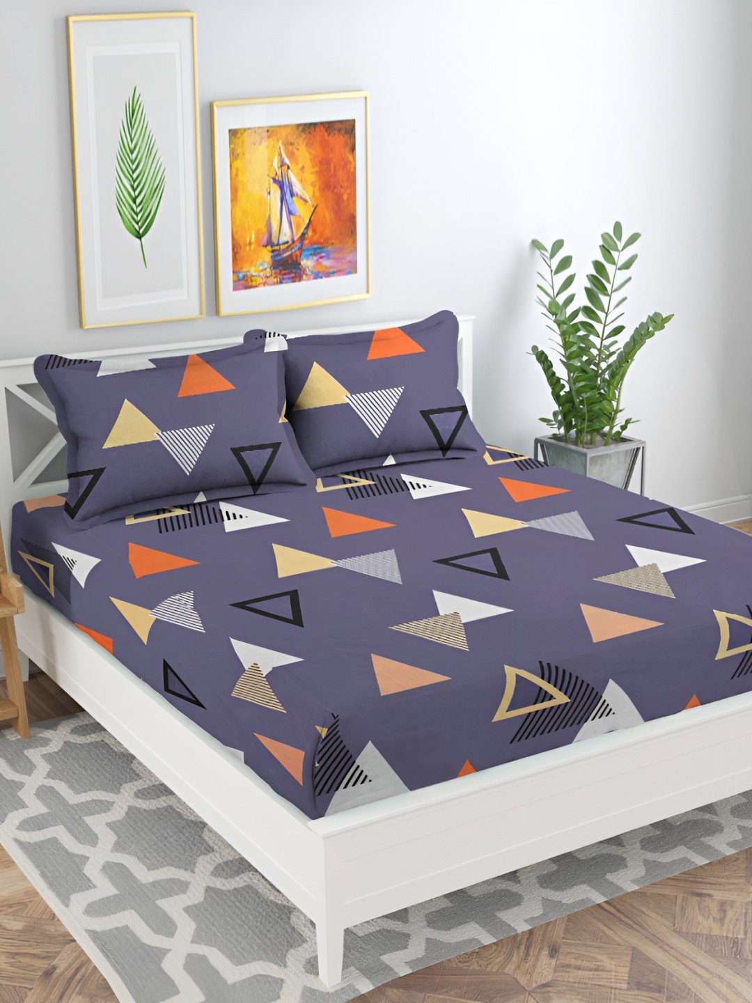 

bsb home Purple & Orange Geometric Printed 144 TC Queen Bedsheet with 2 Pillow Covers