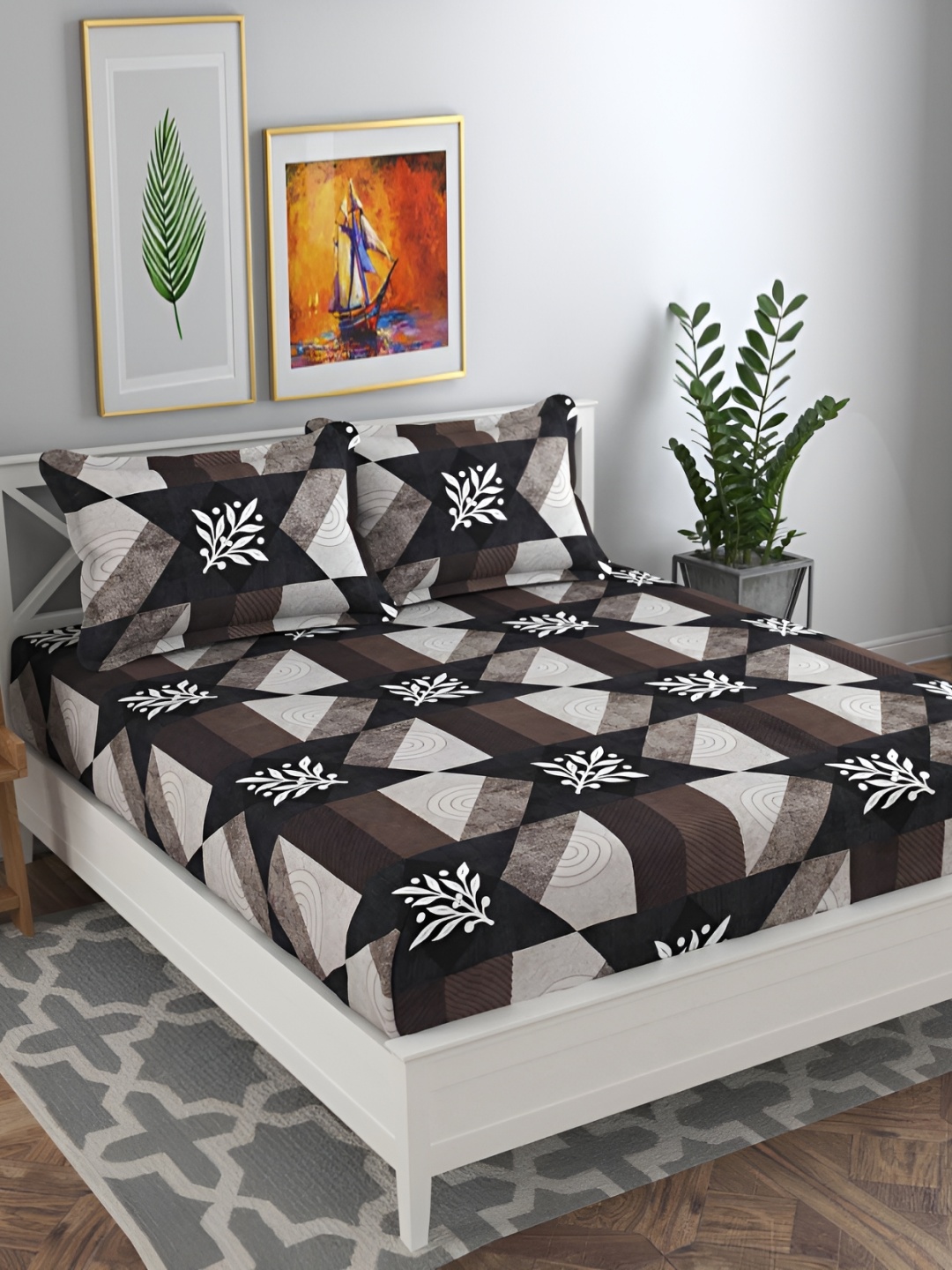 

bsb home Coffee Brown & Grey Geometric Printed 144 TC Queen Bedsheet with 2 Pillow Covers