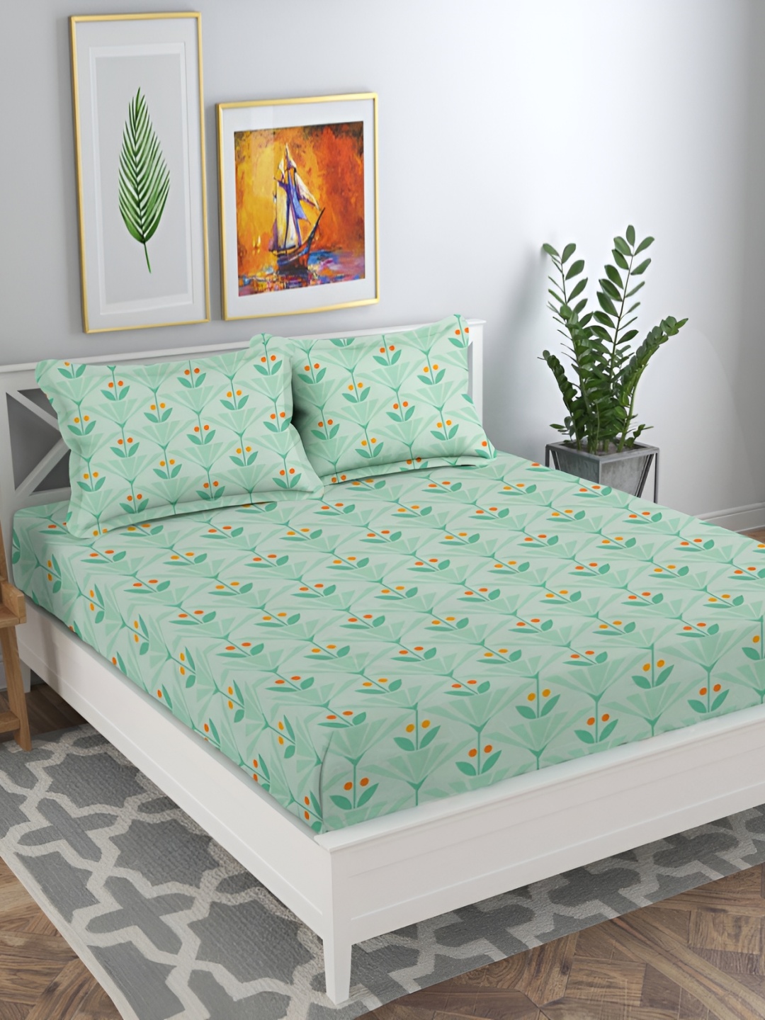 

bsb home Green & Orange Floral Printed 160 TC Queen Bedsheet with 2 Pillow Covers