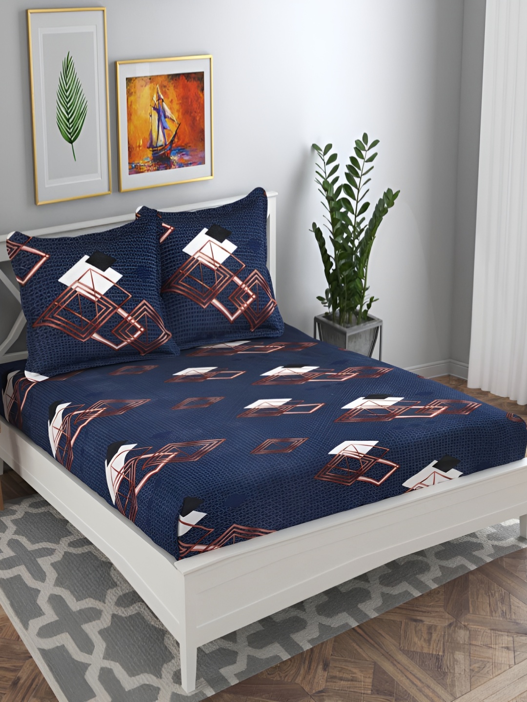 

bsb home Navy Blue & Brown Geometric Printed 144 TC Queen Bedsheet with 2 Pillow Covers