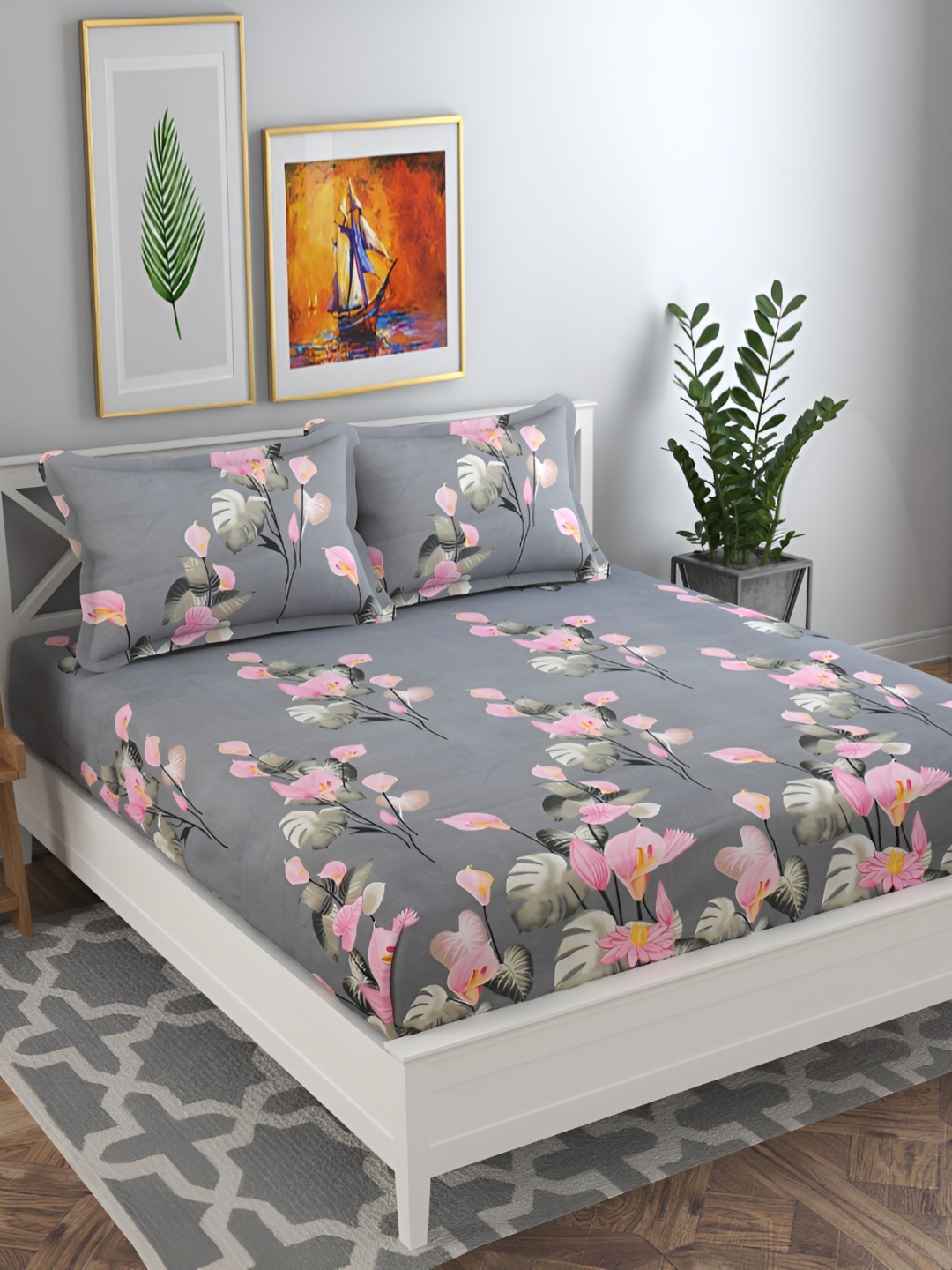 

bsb home Grey & Pink Floral Printed 160 TC Queen Bedsheet with 2 Pillow Covers