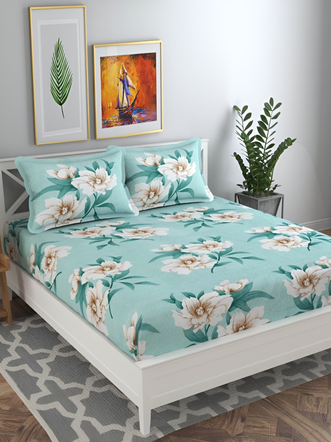 

bsb home Green & Beige Floral Printed 144 TC Queen Bedsheet with 2 Pillow Covers