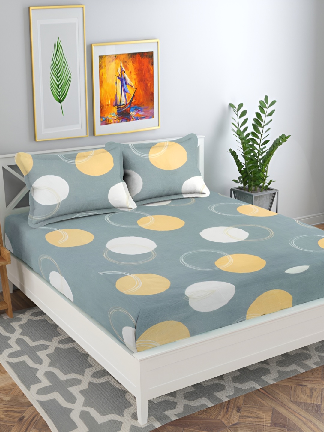 

bsb home Grey & Yellow Geometric Printed 144 TC Queen Bedsheet with 2 Pillow Covers
