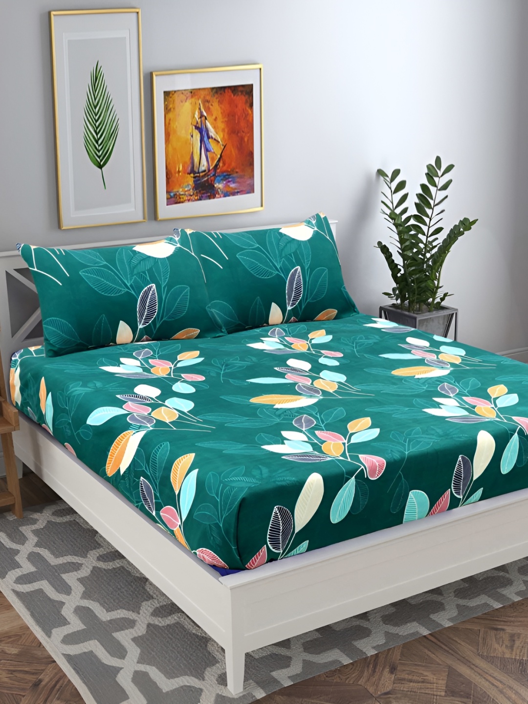 

bsb home Green & Pink Floral Printed 144 TC Queen Bedsheet with 2 Pillow Covers