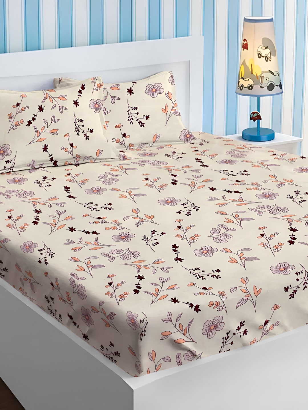 

bsb home Beige & Coffee Brown Floral Printed 160 TC Queen Bedsheet with 2 Pillow Covers